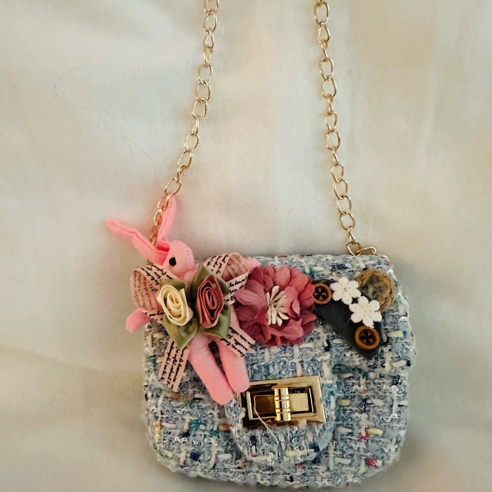 Chic Blue Tweed Floral Crossbody Bag